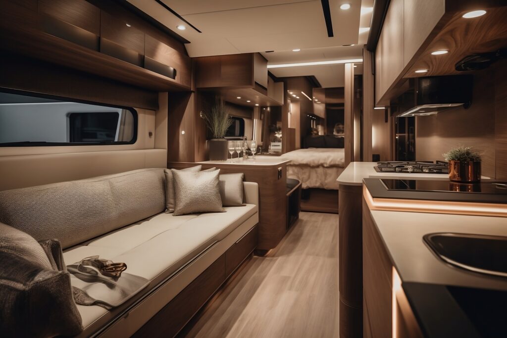 Comfortable Luxury Motorhome. Vehicle Interior Design. RV industry concept.